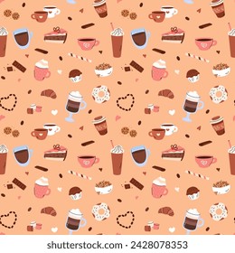 Coffee cute seamless vector pattern. Cute background with doodle coffee and sweet food elements in simple hand drawn style. Different drinks cappuccino, espresso, mocha. Cake, croissant, donut.