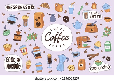 Coffee cute stickers set in flat cartoon design. Collection of cappuccino, machine, cup, cezve, latte, good morning, espresso, cupcake and other. Vector illustration for planner or organizer template