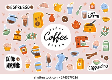 Coffee cute stickers template set. Bundle of cups with cappuccino, espresso, latte, desserts, beverage equipment, breakfast symbols. Scrapbooking elements. Vector illustration in flat cartoon design