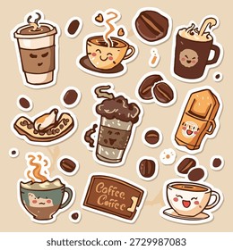 Coffee cute stickers template set. Bundle of cups with cappuccino, espresso, latte, desserts, beverage equipment, breakfast symbols. Scrapbooking elements. Vector illustration in flat cartoon design