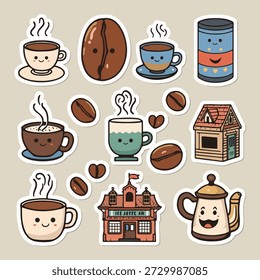 Coffee cute stickers template set. Bundle of cups with cappuccino, espresso, latte, desserts, beverage equipment, breakfast symbols. Scrapbooking elements. Vector illustration in flat cartoon design