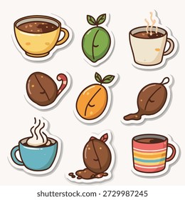 Coffee cute stickers template set. Bundle of cups with cappuccino, espresso, latte, desserts, beverage equipment, breakfast symbols. Scrapbooking elements. Vector illustration in flat cartoon design