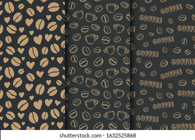 Coffee dark background with beans and hearts. Vector set of seamless pattern