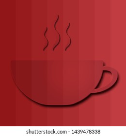 Coffee dark red cup paper cut art style. Hot beverage button. Poster with mug icon with steam on a bright cheerful dark red spripes background. Cutout with shadow. Vector illustration