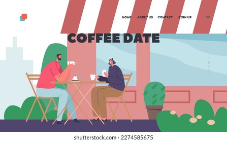 Coffee Date Landing Page Template. Male And Female Characters Couple Enjoying Meal In Street Cafe. Relaxed People Chat