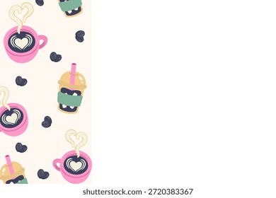Data do café Dia dos Namorados fundo com espaço de cópia de borda lateral. Modelo de café com arte em café quente, café gelado e feijão de coração. Layout de design plano vetorial para menu de cafeteria ou cartão de amante.
