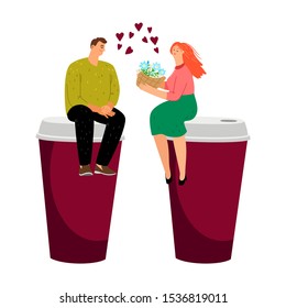 Coffee dating. Couple in love, take away coffee cups. Vector male female flowers and drink
