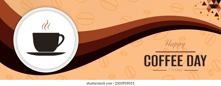 Coffee day banner, brown background, beverage cup template for shops, cappuccino, Americano, espresso, mocha, latte