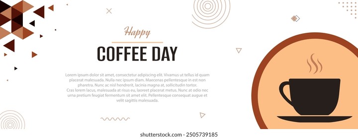 Coffee day banner, brown and white background, beverage cup template for shops, cappuccino, Americano, espresso, mocha, latte, copy space for text