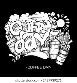 Coffee Day, Vector de arte de garabatos blanco y negro