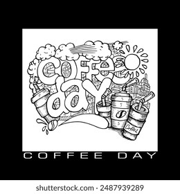Coffee Day, black and white doodle art  vector