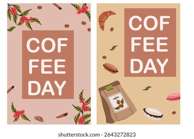 Projeto de celebração de dia de café com grãos de café e doces para cartazes e cartões.