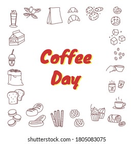 Coffee day doodle illustration with item vector 