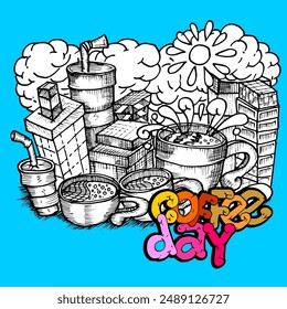 Coffee day doodle and illustration vector
