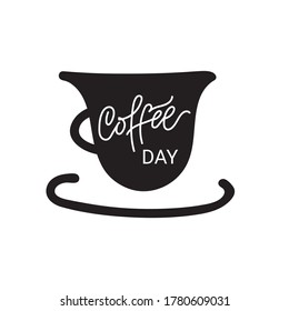 Coffee Day hand drawn lettering with cup. Hand drawn lettering phrase with coffee cup. Modern calligraphy. Phrase for card or poster, scrapbooking or journaling card.