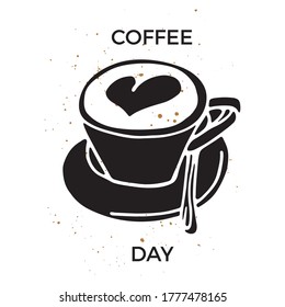 Coffee Day hand drawn lettering.Hand drawn lettering phrase with coffee cup. Modern calligraphy. Phrase for card or poster, scrapbooking or journaling card.