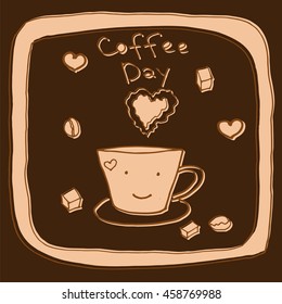 Coffee day hand drawn. Vector illustration a cup smiling with smell in a form of heart, beans, sugar, frame and lettering