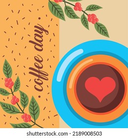 coffee day lettering postcard with cup