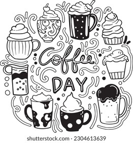 Coffee Day. Mandala art mug and cupcakes for background,  Valentine's day or greeting Cards. Hand-drawn with inspiration word. Coloring book for adults and kids. Vector Illustration.