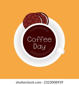 Coffee Day poster, banner, cup coffee and chocolate cookie. Vector illustration