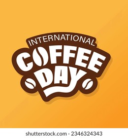 Coffee day vector typography with coffee bean on yellow background to celebrate International Coffee day. Coffee day creative lettering illustration, banner, poster, greeting card, template design.