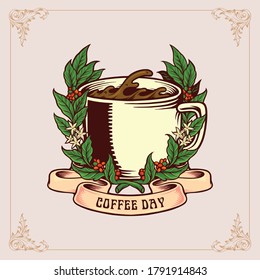 Coffee Day Vintage Badge with Glass and Ribbon 