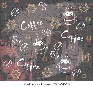 coffee, decorative background with text