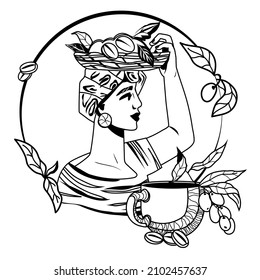 Coffee decorative emblem or logo element with monochrome line art image of farmer woman with harvest of coffee beans, hand drawn vector illustration isolated on white background.