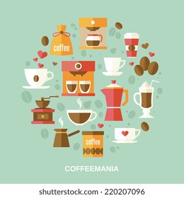 Coffee decorative icons flat set in circle shape vector illustration