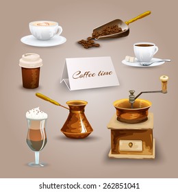 Coffee decorative icons set with retro grinder turk beans isolated vector illustration