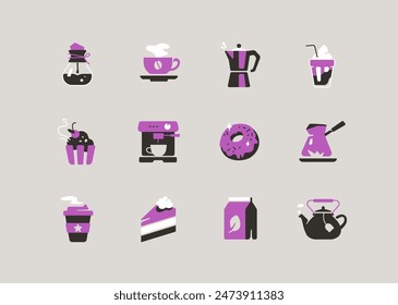 Coffee and delicious desserts - modern colorful icons set. Good morning. For breakfast today, cappuccino, latte or milkshake with a donut, cupcake or slice of cake. Beautiful food idea