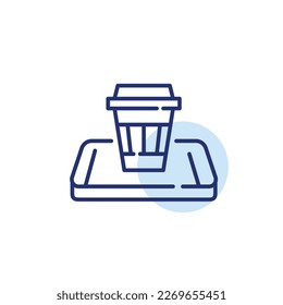 Coffee delivery app. Disposable cup on isometric smartphone. Pixel perfect, editable stroke line icon