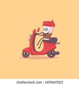 Coffee delivery. Cute courier character on the moped. Vector cartoon illustration isolated on background.