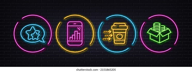 Coffee delivery, Graph phone and Star minimal line icons. Neon laser 3d lights. Money box icons. For web, application, printing. Soft beverage, Mobile statistics, Favorite. Accounting. Vector