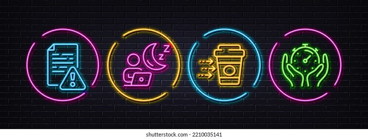 Coffee delivery, Instruction manual and Shift minimal line icons. Neon laser 3d lights. Timer icons. For web, application, printing. Soft beverage, Important document, Night office. Vector