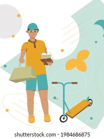 A coffee delivery man in a yellow T-shirt and a blue cap, on a scooter with a paper bag. Flat illustration in vector.