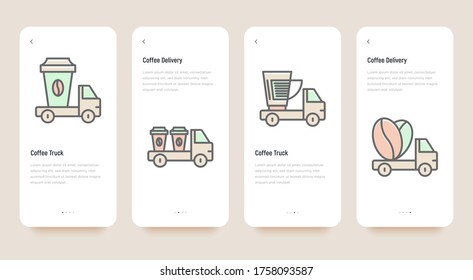 Coffee delivery mobile user interface. Street cafe. Coffee truck with thin line icons of coffee cups and beans. Vector illustration.