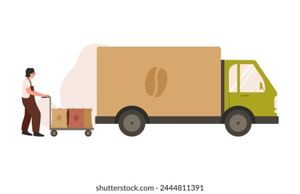 Coffee delivery truck. Natural coffee transportation, export coffee packs cartoon vector illustration