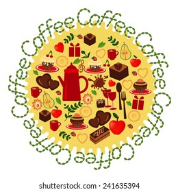 Coffee and desert on yellow background