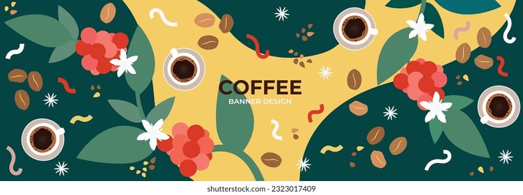 Plantilla de banner de diseño de café. Dibujo colorido vectorial abstracto de árbol de café, taza de café y granos de café con elementos abstractos.