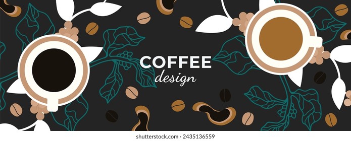 Plantilla de banner de diseño de café. Vector abstracto dibujo colorido de árbol de café, taza de café y granos de café con elementos abstractos.