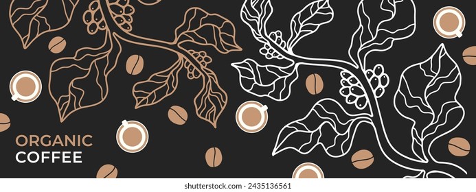 Plantilla de banner de diseño de café. Vector abstracto dibujo colorido de árbol de café, taza de café y granos de café con elementos abstractos.