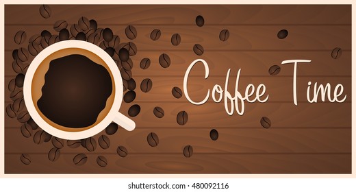 Coffee design banner. Coffee Time. Cup, grain, Vector flat illustration.