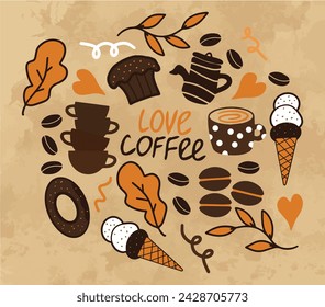 Coffee design drawing. Vector drawing cup of grain coffee ice cream sweets doodle. Hand drawing on paper texture. Vector file design elements.