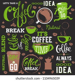 Coffee design elements isolated on black.Vector illustration.