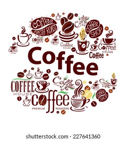  Coffee design elements in vintage style. Conceptual background. 