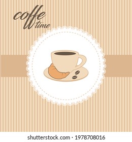 Coffee design on a beige background with a fragrant bun, vector illustration,