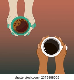 Coffee design over brown background, two hands hold coffee cup vector illustration. 