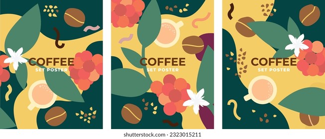 Coffee design poster set. Template for poster, banner, card, flyer and coffee packaging. Vector drawing.