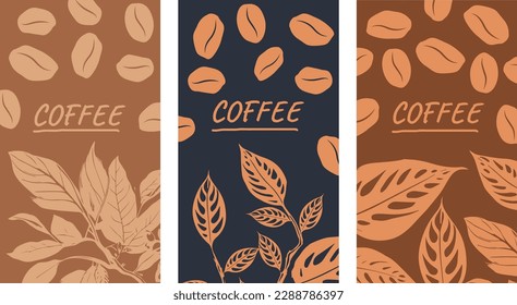 Coffee design poster set. Set of vector drawings, coffee tree and coffee grains. Design for poster, banner, card. Design elements.